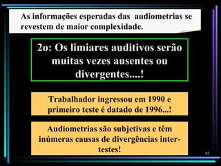 As informações esperadas das audiometrias se
revestem de maior complexidade.

    2o: Os limiares auditivos serão
       muitas vezes ausentes ou
             divergentes....!

      Trabalhador ingressou em 1990 e
      primeiro teste é datado de 1996...!

      Audiometrias são subjetivas e têm
    inúmeras causas de divergências inter-
                   testes!                     93
 