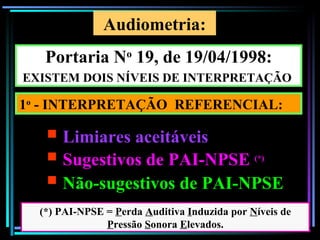 100
Portaria No
19, de 19/04/1998:
EXISTEM DOIS NÍVEIS DE INTERPRETAÇÃO
 Limiares aceitáveis
 Sugestivos de PAI-NPSE (*)
 Não-sugestivos de PAI-NPSE
Audiometria:
(*) PAI-NPSE = Perda Auditiva Induzida por Níveis de
Pressão Sonora Elevados.
1o
- INTERPRETAÇÃO REFERENCIAL:
 