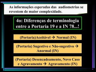 103
(Portaria) Sugestivo e Não-sugestivo 
Anormal (IN)
(Portaria)Aceitável  Normal (IN)
As informações esperadas das audiometrias se
revestem de maior complexidade.
4o: Diferenças de terminologia
entre a Portaria 19 e a IN 78...!
(Portaria) Desencadeamento, Novo Caso
e Agravamento  Agravamento (IN)
 