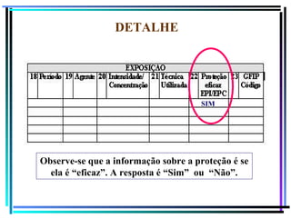 114
DETALHE
SIM
Observe-se que a informação sobre a proteção é se
ela é “eficaz”. A resposta é “Sim” ou “Não”.
 