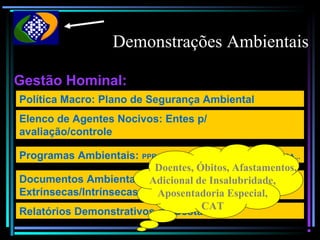 12
DemonstraçõesDemonstrações AmbientaisAmbientais
Gestão Hominal:
Política Macro: Plano de Segurança Ambiental
Elenco de Agentes Nocivos: Entes p/
avaliação/controle
Programas Ambientais: PPRA/PGR/PCMAT/PCMSO/PPEOB/PCR/PCA...
Documentos Ambientais: Form.
Extrínsecas/Intrínsecas
Relatórios Demonstrativos de Gestão
Doentes, Óbitos, Afastamentos,
Adicional de Insalubridade,
Aposentadoria Especial,
CAT
 