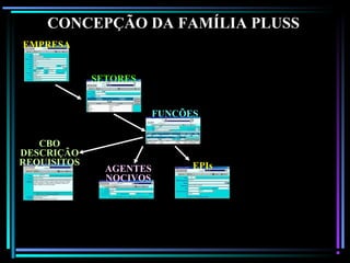 130
CONCEPÇÃO DA FAMÍLIA PLUSS
EMPRESA
SETORES
FUNÇÕES
AGENTES
NOCIVOS
CBO
DESCRIÇÃO
REQUISITOS EPIs
 