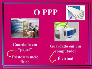 16
O PPP
Guardado em
“papel”
Existe um meio
físico
Guardado em um
computador
É virtual
 