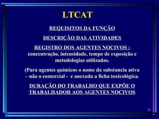 51
  
LTCAT
REQUISITOS DA FUNÇÃO
DESCRIÇÃO DAS ATIVIDADES
REGISTRO DOS AGENTES NOCIVOS :
concentração, intensidade, tempo de exposição e
metodologias utilizadas.
(Para agentes químicos o nome da substancia ativa
– não o comercial - e anexada a ficha toxicológica.
DURAÇÃO DO TRABALHO QUE EXPÕE O
TRABALHADOR AOS AGENTES NOCIVOS
 