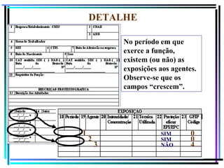 73
DETALHE
1
2
3
SIM
SIM
NÃO
0
0
4
No período em que
exerce a função,
existem (ou não) as
exposições aos agentes.
Observe-se que os
campos “crescem”.
 