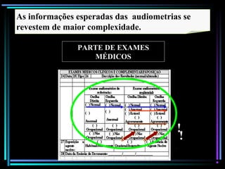 90
PARTE DE EXAMES
MÉDICOS
As informações esperadas das audiometrias se
revestem de maior complexidade.
!
!
 