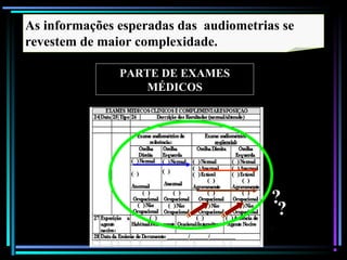 92
PARTE DE EXAMES
MÉDICOS
As informações esperadas das audiometrias se
revestem de maior complexidade.
?
?
 