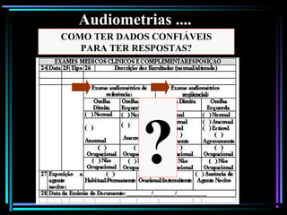97
?
COMO TER DADOS CONFIÁVEIS
PARA TER RESPOSTAS?
Audiometrias ....
 
