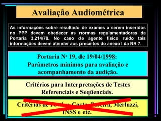 98
Avaliação Audiométrica
Portaria No
19, de 19/04/1998:
Parâmetros mínimos para avaliação e
acompanhamento da audição.
Critérios para Interpretações de Testes
Referenciais e Seqüenciais.
Critérios de Fowler, Costa, Pereira, Merluzzi,
INSS e etc.
As informações sobre resultado de exames a serem inseridos
no PPP devem obedecer as normas regulamentadoras da
Portaria 3.214/78. No caso de agente físico ruído tais
informações devem atender aos preceitos do anexo I da NR 7.
 