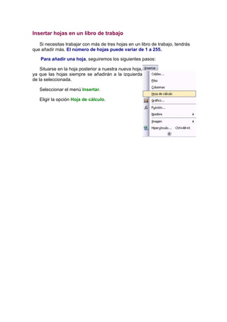 Insertar hojas en un libro de trabajo

   Si necesitas trabajar con más de tres hojas en un libro de trabajo, tendrás
que añadir más. El número de hojas puede variar de 1 a 255.

    Para añadir una hoja, seguiremos los siguientes pasos:

    Situarse en la hoja posterior a nuestra nueva hoja,
ya que las hojas siempre se añadirán a la izquierda
de la seleccionada.

   Seleccionar el menú Insertar.

   Eligir la opción Hoja de cálculo.
 