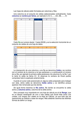 Las hojas de cálculo están formadas por columnas y filas.
  Una columna es el conjunto de celdas seleccionadas verticalmente. Cada
columna se nombra por letras, por ejemplo A, B, C,.......AA, AB,........IV.




  Cada fila se numera desde 1 hasta 65536 y es la selección horizontal de un
conjunto de celdas de una hoja de datos.




  La intersección de una columna y una fila se denomina Celda y se nombra
con el nombre de la columna a la que pertenece y a continuación el número
de su fila, por ejemplo la primera celda pertenece a la columna A y la fila 1 por
lo tanto la celda se llama A1. Si observas la ventana de Excel podrás
comprobar todo lo explicado anteriormente.
  Cuando el cursor está posicionado en alguna celda preparado para trabajar
con ésta, dicha celda se denomina Celda activa y se identifica porque
aparece más remarcada que las demás.
  De igual forma tenemos la fila activa, fila donde se encuentra la celda
activa y columna activa, columna de la celda activa.
  Otro concepto muy importante en una hoja de cálculo es el de Rango, que
es un bloque rectangular de una o más celdas que Excel trata como una
unidad. Los rangos son vitales en la Hoja de Cálculo, ya que todo tipo de
operaciones se realizan a base de rangos. Más adelante veremos las distintas
formas de definir un rango.
 