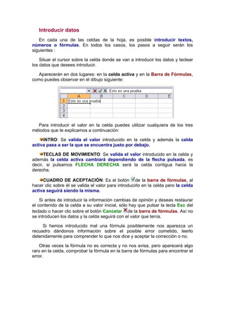 Introducir datos
   En cada una de las celdas de la hoja, es posible introducir textos,
números o fórmulas. En todos los casos, los pasos a seguir serán los
siguientes :

    Situar el cursor sobre la celda donde se van a introducir los datos y teclear
los datos que desees introducir.

   Aparecerán en dos lugares: en la celda activa y en la Barra de Fórmulas,
como puedes observar en el dibujo siguiente:




  Para introducir el valor en la celda puedes utilizar cualquiera de los tres
métodos que te explicamos a continuación:

     INTRO: Se valida el valor introducido en la celda y además la celda
activa pasa a ser la que se encuentra justo por debajo.

      TECLAS DE MOVIMIENTO: Se valida el valor introducido en la celda y
además la celda activa cambiará dependiendo de la flecha pulsada, es
decir, si pulsamos FLECHA DERECHA será la celda contigua hacia la
derecha.

     CUADRO DE ACEPTACIÓN: Es el botón de la barra de fórmulas, al
hacer clic sobre él se valida el valor para introducirlo en la celda pero la celda
activa seguirá siendo la misma.

    Si antes de introducir la información cambias de opinión y deseas restaurar
el contenido de la celda a su valor inicial, sólo hay que pulsar la tecla Esc del
teclado o hacer clic sobre el botón Cancelar de la barra de fórmulas. Así no
se introducen los datos y la celda seguirá con el valor que tenía.

     Si hemos introducido mal una fórmula posiblemente nos aparezca un
recuadro dándonos información sobre el posible error cometido, leerlo
detenidamente para comprender lo que nos dice y aceptar la corrección o no.

    Otras veces la fórmula no es correcta y no nos avisa, pero aparecerá algo
raro en la celda, comprobar la fórmula en la barra de fórmulas para encontrar el
error.
 
