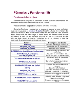 Fórmulas y Funciones (III)
   Funciones de fecha y hora
   De entre todo el conjunto de funciones, en este apartado estudiaremos las
funciones dedicadas al tratamiento de fechas y horas.

   Y estas son todas las posibles funciones ofrecidas por Excel.

    En varias funciones veremos que el argumento que se le pasa o el valor
que nos devuelve es un "número de serie". Pues bien, Excel llama número de
serie al número de días transcurridos desde el 0 de enero de 1900 hasta la
fecha introducida, es decir coge la fecha inicial del sistema como el día
0/1/1900 y a partir de ahí empieza a contar, en las funciones que tengan
núm_de_serie como argumento, podremos poner un número o bien la
referencia de una celda que contenga una fecha.
                Función                            Descripción Ver detalle
                AHORA()                         Devuelve la fecha y la hora actual
           AÑO(núm_de_serie)                     Devuelve el año en formato año
           DIA(núm_de_serie)                         Devuelve el día del mes
                                                Calcula el número de días entre las
DIAS360(fecha_inicial;fecha_final;método)                   dos fechas
       DIASEM(núm_de_serie;tipo)                  Devuelve un número del 1 al 7
          FECHA(año;mes;día)                    Devuelve la fecha en formato fecha
                                                 Devuelve la fecha en formato de
    FECHANUMERO(texto_de_fecha)                                fecha
                                                Devuelve la hora como un número
          HORA(núm_de_serie)                                 del 0 al 23
                                                Convierte una hora de texto en un
     HORANUMERO(texto_de_fecha)                               número
                   HOY()                             Devuelve la fecha actual
                                                Devuelve el número del mes en el
           MES(núm_de_serie)                   rango del 1 (enero) al 12 (diciembre)
                                               Devuelve el minuto en el rango de 0
         MINUTO(núm_de_serie)                                   a 59
                                               Convierte horas, minutos y segundos
     NSHORA(hora;minuto;segundo)                       dados como números
                                               Devuelve el segundo en el rango de
        SEGUNDO(núm_de_serie)                                  0 a 59
 