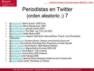 Implanta tu empresa en las redes sociales: MODULO 3 - Twitter




                     Periodistas en Twitter
            ...