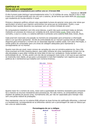 CAPÍTULO VI
Cores em um computador
Como trabalham os computadores para codificar uma cor. O formato RGB.
Publicado em: 20/3/07
O olho humano pode distinguir aproximadamente entre 7 e 10 milhões de cores. Devido a isto a vista
é para nós o principal sentido que nos une com o exterior, de tal forma que sobre 80% da informação
que recebemos do mundo exterior é visual.
Pintores e designers gráficos utilizam esta capacidade humana de apreciar cores para criar obras que
aprofundem na alma e que inspirem sentimentos nos seres que as contemplam. Porém, o que
podemos fazer quando devemos nos expressar com um número limitado de cores?
Os computadores trabalham com três cores básicas, a partir das quais constroem todas as demais,
mediante um processo de mistura por unidades de ecrã, denominadas pixels. Estas cores são o
vermelho, o azul e o verde, e o sistema definido é conhecido como sistema RGB (Red, Green, Blue).
Cada pixel tem reservada uma posição na memória do computador para armazenar a informação
sobre a cor que deve apresentar. Os bits de profundidade de cor marcam quantos bits de informação
dispomos para armazenar o número da cor associada segundo a paleta usada. Com esta informação, o
cartão gráfico do computador gera uns sinais de voltagem adequados para representar a
correspondente cor no monitor.
Quanto mais bits por pixel, maior número de variações de uma cor primária podemos ter. Para 256
cores precisam-se 8 bits (sistema básico), para obter milhares de cores necessitamos 16 bits (cor de
alta densidade) e para obter milhões de cores falta 24 bits (cor verdadeira). Existe também outra
profundidade de cor, 32 bits, porém com ela não se conseguem mais cores, e sim que as que usarmos
se mostrarão mais rápido, já que para o processador é mais fácil trabalhar com registros que sejam
potência de 2 (lembremos que trabalha com números binários).
Quanto maior for o número de cores, maior será a quantidade de memória necessária para armazená-
los e maiores os recursos necessários para processa-los. Por este motivo, os computadores antigos
dispõem de paletas de poucas cores, normalmente 256, por não ter capacidade para manejar mais
sem uma perda notável de prestações.
Para representar uma cor no sistema RGB utilizam-se duas formas de codificação diferentes, a decimal
e a hexadecimal, correspondendo-se os diferentes valores com a porcentagem de cada cor básica que
tem uma cor determinada.
Porcentagens de cor e códigos
 
