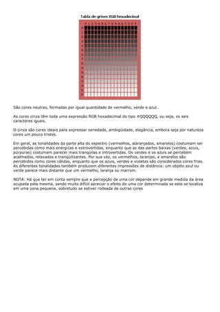 São cores neutras, formadas por igual quantidade de vermelho, verde e azul.
As cores cinza têm toda uma expressão RGB hexadecimal do tipo #QQQQQQ, ou seja, os seis
caracteres iguais.
O cinza são cores ideais para expressar seriedade, ambigüidade, elegância, embora seja por natureza
cores um pouco tristes.
Em geral, as tonalidades da parte alta do espectro (vermelhos, alaranjados, amarelos) costumam ser
percebidas como mais enérgicas e extrovertidas, enquanto que as das partes baixas (verdes, azuis,
púrpuras) costumam parecer mais tranqüilas e introvertidas. Os verdes e os azuis se percebem
acalmados, relaxados e tranqüilizantes. Por sua vez, os vermelhos, laranjas, e amarelos são
percebidos como cores cálidas, enquanto que os azuis, verdes e violetas são considerados cores frias.
As diferentes tonalidades também produzem diferentes impressões de distância: um objeto azul ou
verde parece mais distante que um vermelho, laranja ou marrom.
NOTA: Há que ter em conta sempre que a percepção de uma cor depende em grande medida da área
ocupada pela mesma, sendo muito difícil apreciar o efeito de uma cor determinada se esta se localiza
em uma zona pequena, sobretudo se estiver rodeada de outras cores
 