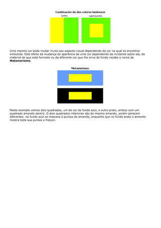 Uma mesma cor pode mudar muito seu aspecto visual dependendo da cor na qual se encontrar
embutida. Este efeito dá mudança de aparência de uma cor dependendo da incidente sobre ela, do
material de que está formado ou da diferente cor que lhe sirva de fundo recebe o nome de
Metamerismo.
Neste exemplo vemos dois quadrados, um de cor de fundo azul, e outro preto, ambos com um
quadrado amarelo dentro. O dois quadrados interiores são do mesmo amarelo, porém parecem
diferentes: no fundo azul se mascara a pureza do amarelo, enquanto que no fundo preto o amarelo
mostra toda sua pureza e frescor.
 