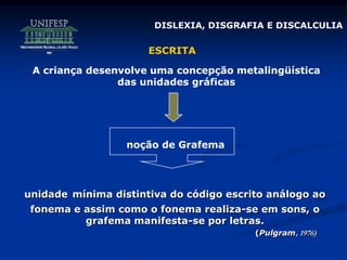 ESCRITA
unidade mínima distintiva do código escrito análogo ao
fonema e assim como o fonema realiza-se em sons, o
grafema manifesta-se por letras.
(Pulgram, 1976)
A criança desenvolve uma concepção metalingüística
das unidades gráficas
noção de Grafema
DISLEXIA, DISGRAFIA E DISCALCULIA
 