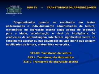 Diagnosticados quando os resultados em testes
padronizados e individualmente administrados de leitura,
matemática ou expressão escrita estão abaixo do esperado
para a idade, escolarização e nível de inteligência. Os
problemas de aprendizagem interferem significativamente no
rendimento escolar ou nas atividades de vida diária que exigem
habilidades de leitura, matemática ou escrita.
315.00 Transtorno da Leitura
315.1 Transtorno da Matemática
315.2 Transtorno da Expressão Escrita
DSM IV - TRANSTORNOS DA APRENDIZAGEM
 