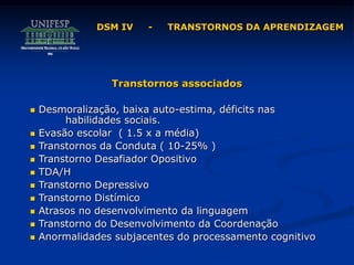 Transtornos associados
 Desmoralização, baixa auto-estima, déficits nas
habilidades sociais.
 Evasão escolar ( 1.5 x a média)
 Transtornos da Conduta ( 10-25% )
 Transtorno Desafiador Opositivo
 TDA/H
 Transtorno Depressivo
 Transtorno Distímico
 Atrasos no desenvolvimento da linguagem
 Transtorno do Desenvolvimento da Coordenação
 Anormalidades subjacentes do processamento cognitivo
DSM IV - TRANSTORNOS DA APRENDIZAGEM
 