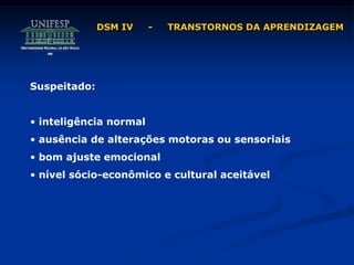 Suspeitado:
• inteligência normal
• ausência de alterações motoras ou sensoriais
• bom ajuste emocional
• nível sócio-econômico e cultural aceitável
DSM IV - TRANSTORNOS DA APRENDIZAGEM
 