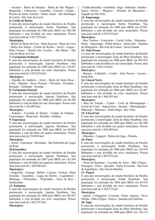 - Alcantil - Barra de Santana - Barra de São Miguel -
Boqueirão - Cabaceiras - Caraúbas - Caturité - Gurjão -
Riacho de Santo Antônio - Santo André - São Domingos
do Cariri - São João do Cariri
6- Catolé do Rocha
É uma das microrregiões do estado brasileiro da Paraíba
pertencente à mesorregião Sertão Paraibano. Sua
população foi estimada em 2006 pelo IBGE em 108.186
habitantes e está dividida em onze municípios. Possui
uma área total de 3.037,976 km².
Municípios:
- Belém do Brejo do Cruz - Bom Sucesso - Brejo do Cruz
- Brejo dos Santos - Catolé do Rocha - Jericó - Lagoa -
Mato Grosso - Riacho dos Cavalos - São Bento - São
José do Brejo do Cruz
7- Curimataú Ocidental
É uma das microrregiões do estado brasileiro da Paraíba
pertencente à mesorregião Agreste Paraibano. Sua
população foi estimada em 2006 pelo IBGE em 110.457
habitantes e está dividida em onze municípios. Possui
uma área total de 3.878,476 km².
Municípios:
- Algodão de Jandaíra - Arara - Barra de Santa Rosa -
Cuité - Damião - Nova Floresta - Olivedos - Pocinhos -
Remígio - Soledade - Sossêgo
8- Curimataú Oriental
É uma das microrregiões do estado brasileiro da Paraíba
pertencente à mesorregião Agreste Paraibano. Sua
população foi estimada em 2006 pelo IBGE em 96.388
habitantes e está dividida em sete municípios. Possui uma
área total de 1.363,492 km².
Municípios:
- Araruna - Cacimba de Dentro - Campo de Santana -
Casserengue - Dona Inês - Riachão - Solânea
9- Esperança
É uma das microrregiões do estado brasileiro da Paraíba
pertencente à mesorregião Agreste Paraibano. Sua
população foi estimada em 2006 pelo IBGE em 49.605
habitantes e está dividida em quatro municípios. Possui
uma área total de 274,930 km².
Municípios:
- Areial - Esperança - Montadas - São Sebastião de Lagoa
de Roça
10-Guarabira
É uma das microrregiões do estado brasileiro da Paraíba
pertencente à mesorregião Agreste Paraibano. Sua
população foi estimada em 2007 pelo IBGE em 163.264
habitantes e está dividida em quatorze municípios. Possui
uma área total de 1.289,506 km².
Municípios:
- Alagoinha - Araçagi - Belém - Caiçara - Cuitegi - Duas
Estradas - Guarabira - Lagoa de Dentro - Logradouro -
Mulungu - Pilõezinhos - Pirpirituba - Serra da Raiz -
Sertãozinho
11- Itabaiana
É uma das microrregiões do estado brasileiro da Paraíba
pertencente à mesorregião Agreste Paraibano. Sua
população foi estimada em 2006 pelo IBGE em 105.567
habitantes e está dividida em nove municípios. Possui
uma área total de 1.652,197 km².
Municípios:
- Caldas Brandão - Gurinhém - Ingá - Itabaiana - Itatuba -
Juarez Távora - Mogeiro - Riachão do Bacamarte -
Salgado de São Félix
12- Itaporanga
É uma das microrregiões do estado brasileiro da Paraíba
pertencente à mesorregião Sertão Paraibano. Sua
população foi estimada em 2006 pelo IBGE em 82.841
habitantes e está dividida em onze municípios. Possui
uma área total de 3.053,916 km².
Municípios:
- Boa Ventura - Conceição - Curral Velho - Diamante -
Ibiara - Itaporanga - Pedra Branca - Santa Inês - Santana
de Mangueira - São José de Caiana - Serra Grande
13- João Pessoa
e é uma das microrregiões do estado brasileiro da Paraíba
pertencente à mesorregião Zona da Mata Paraibana. Sua
população foi estimada em 2006 pelo IBGE em 983.925
habitantes e está dividida em seis municípios. Possui uma
área total de 1.262,316 km².
Municípios:
- Bayeux - Cabedelo - Conde - João Pessoa - Lucena -
Santa Rita
14- Litoral Norte
É uma das microrregiões do estado brasileiro da Paraíba
pertencente à mesorregião Zona da Mata Paraibana. Sua
população foi estimada em 2006 pelo IBGE em 135.467
habitantes e está dividida em onze municípios. Possui
uma área total de 1.960,503 km².
Municípios:
- Baía da Traição - Capim - Cuité de Mamanguape -
Curral de Cima - Itapororoca - Jacaraú - Mamanguape -
Marcação - Mataraca - Pedro Régis - Rio Tinto
15- Litoral Sul
É uma das microrregiões do estado brasileiro da Paraíba
pertencente à mesorregião Zona da Mata Paraibana. Sua
população foi estimada em 2006 pelo IBGE em 102.988
habitantes e está dividida em quatro municípios. Possui
uma área total de 1.042,989 km².
Municípios:
- Alhandra - Caaporã - Pedras de Fogo - Pitimbu
16- Patos
É uma das microrregiões do estado brasileiro da Paraíba
pertencente à mesorregião Sertão Paraibano. Sua
população foi estimada em 2006 pelo IBGE em 124.018
habitantes e está dividida em nove municípios. Possui
uma área total de 2.483,972 km².
Municípios:
- Areia de Baraúnas - Cacimba de Areia - Mãe d'Água -
Passagem - Patos - Quixabá - Santa Teresinha - São José
de Espinharas - São José do Bonfim
17- Piancó
É uma das microrregiões do estado brasileiro da Paraíba
pertencente à mesorregião Sertão Paraibano. Sua
população foi estimada em 2006 pelo IBGE em 69.538
habitantes e está dividida em nove municípios. Possui
uma área total de 3.285,713 km².
Municípios:
- Aguiar - Catingueira - Coremas - Emas - Igaracy - Nova
Olinda - Olho d'Água - Piancó - Santana dos Garrotes
18- Sapé
É uma das microrregiões do estado brasileiro da Paraíba
pertencente à mesorregião Zona da Mata Paraibana. Sua
população foi estimada em 2006 pelo IBGE em 126.115
 