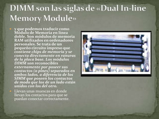  y que podemos traducir como
  Módulo de Memoria en línea
  doble. Son módulos de memoria
  RAM utilizados en ordenadores
  personales. Se trata de un
  pequeño circuito impreso que
  contiene chips de memoria y se
  conecta directamente en ranuras
  de la placa base. Los módulos
  DIMM son reconocibles
  externamente por poseer sus
  contactos (o pines) separados en
  ambos lados, a diferencia de los
  SIMM que poseen los contactos
  de modo que los de un lado están
  unidos con los del otro.
 Llevan unas muescas en donde
  llevan los contactos para que se
  puedan conectar correctamente.
 