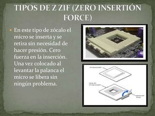  En este tipo de zócalo el
  micro se inserta y se
  retira sin necesidad de
  hacer presión. Cero
  fuerza en la inserción.
  Una vez colocado al
  levantar la palanca el
  micro se libera sin
  ningún problema.
 