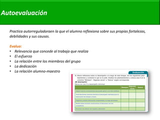 Practica autorreguladoraen la que el alumno reflexiona sobre sus propias fortalezas, debilidades y sus causas. 
Evalua: 
•Relevancia que concede al trabajo que realiza 
•El esfuerzo 
•La relación entre los miembros del grupo 
•La dedicación 
•La relación alumno-maestro 
Autoevaluación  
