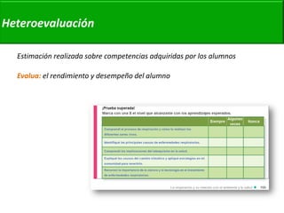 Estimación realizada sobre competencias adquiridas por los alumnos 
Evalua: el rendimiento y desempeño del alumno 
Heteroevaluación  