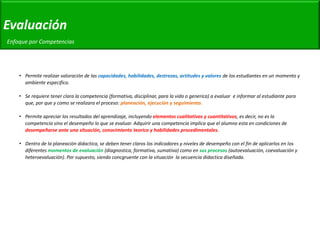 •Permite realizar valoración de las capacidades, habilidades, destrezas, actitudes y valores de los estudiantes en un momento y ambiente especifico. 
•Se requiere tener clara la competencia (formativa, disciplinar, para la vida o generica) a evaluar e informar al estudiante para que, por que y como se realizara el proceso: planeación, ejecución y seguimiento. 
•Permite apreciar los resultados del aprendizaje, incluyendo elementos cualitativos y cuantitativos, es decir, no es la competencia sino el desempeño lo que se evaluar. Adquirir una competencia implica que el alumno esta en condiciones de desempeñarse ante una situación, conocimiento teorico y habilidades procedimentales. 
•Dentro de la planeación didactica, se deben tener claros los indicadores y niveles de desempeño con el fin de aplicarlos en los diferentes momentos de evaluación (diagnostica, formativa, sumativa) como en sus procesos (autoevaluación, coevaluación y heteroevaluación). Por supuesto, siendo concgruente con la situación la secuencia didactica diseñada. 
Evaluación 
Enfoque por Competencias  