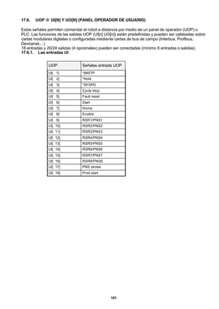 101
17.6. UOP → UI[N] Y UO[N] (PANEL OPERADOR DE USUARIO)
Estas señales permiten comandar el robot a distancia por medio de un panel de operador (UOP) o
PLC. Las funciones de las salidas UOP (UI[n] UO[n]) están predefinidas y pueden ser cableadas sobre
cartas modulares digitales o configuradas mediante cartas de bus de campo (Interbus, Profibus,
Devicenet,...)
18 entradas y 20/24 salidas (4 opcionales) pueden ser conectadas (mínimo 8 entradas o salidas).
17.6.1. Las entradas UI
UOP Señales entrada UOP
UI[ 1] *IMSTP
UI[ 2] *Hold
UI[ 3] *SFSPD
UI[ 4] Cycle stop
UI[ 5] Fault reset
UI[ 6] Start
UI[ 7] Home
UI[ 8] Enable
UI[ 9] RSR1/PNS1
UI[ 10] RSR2/PNS2
UI[ 11] RSR3/PNS3
UI[ 12] RSR4/PNS4
UI[ 13] RSR5/PNS5
UI[ 14] RSR6/PNS6
UI[ 15] RSR7/PNS7
UI[ 16] RSR8/PNS8
UI[ 17] PNS strobe
UI[ 18] Prod start
 