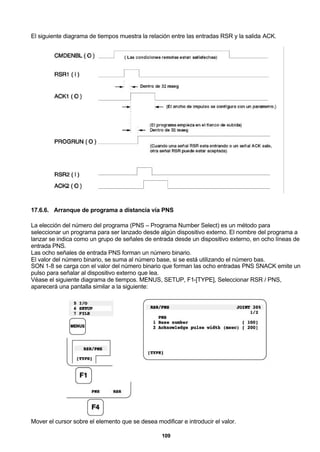 109
El siguiente diagrama de tiempos muestra la relación entre las entradas RSR y la salida ACK.
17.6.6. Arranque de programa a distancia vía PNS
La elección del número del programa (PNS – Programa Number Select) es un método para
seleccionar un programa para ser lanzado desde algún dispositivo externo. El nombre del programa a
lanzar se indica como un grupo de señales de entrada desde un dispositivo externo, en ocho líneas de
entrada PNS.
Las ocho señales de entrada PNS forman un número binario.
El valor del número binario, se suma al número base, si se está utilizando el número bas.
SON 1-8 se carga con el valor del número binario que forman las ocho entradas PNS SNACK emite un
pulso para señalar al dispositivo externo que lea.
Véase el siguiente diagrama de tiempos. MENUS, SETUP, F1-[TYPE], Seleccionar RSR / PNS,
aparecerá una pantalla similar a la siguiente:
Mover el cursor sobre el elemento que se desea modificar e introducir el valor.
 