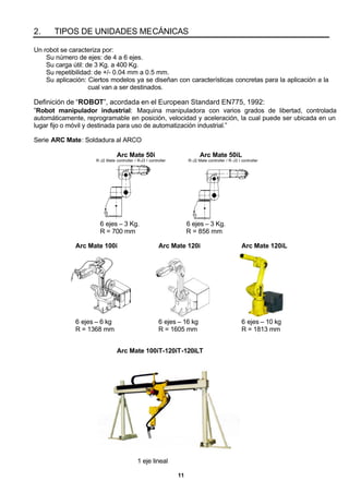 11
2. TIPOS DE UNIDADES MECÁNICAS
Un robot se caracteriza por:
Su número de ejes: de 4 a 6 ejes.
Su carga útil: de 3 Kg. a 400 Kg.
Su repetibilidad: de +/- 0.04 mm a 0.5 mm.
Su aplicación: Ciertos modelos ya se diseñan con características concretas para la aplicación a la
cual van a ser destinados.
Definición de “ROBOT”, acordada en el European Standard EN775, 1992:
“Robot manipulador industrial: Maquina manipuladora con varios grados de libertad, controlada
automáticamente, reprogramable en posición, velocidad y aceleración, la cual puede ser ubicada en un
lugar fijo o móvil y destinada para uso de automatización industrial.”
Serie ARC Mate: Soldadura al ARCO
Arc Mate 50i Arc Mate 50iL
R-J2 Mate controller / R-J3 I controller R-J2 Mate controller / R-J3 I controller
6 ejes – 3 Kg. 6 ejes – 3 Kg.
R = 700 mm R = 856 mm
Arc Mate 100i Arc Mate 120i Arc Mate 120iL
6 ejes – 6 kg 6 ejes – 16 kg 6 ejes – 10 kg
R = 1368 mm R = 1605 mm R = 1813 mm
Arc Mate 100iT-120iT-120iLT
1 eje lineal
 