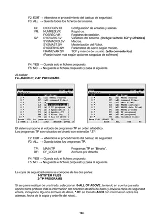 124
F2: EXIT → Abandona el procedimiento del backup de seguridad.
F3: ALL → Guarda todos los ficheros del sistema.
IO: DIOCFGSV.IO Configuración de entadas y salidas.
VR: NUMREG.VR Registros.
POSREG.VR Registros de posición.
SV: SYSVARS.SV Variables del sistema. (incluye valores TCP y Uframes)
SYSMACRO.SV Macros.
SYSMAST.SV Masterización del Robot.
SYSSERVO.SV Parámetros de servo según modelo.
FRAMEVAR.SV TCP y marcos de usuario. (sólo comentarios)
(Puede haber más según opciones cargadas de software)
F4: YES → Guarda solo el fichero propuesto.
F5: NO → No guarda el fichero propuesto y pasa al siguiente.
Al acabar:
F4 –BACKUP, 2-TP PROGRAMS
FILE JOINT 10 %
FLPY:*.* 1/17
1 * * (allfiles)
2 * KL (all KAREL source)
3 * CF (all command files)
4 * TX (a__________________
5 * LS (a| 1 System files |
6 * DT (a| 2 TP programs |s)
7 * PC (a| 3 Application |
8 * TP (a| 4 Applic.-TP |
9 * MN (a| 5 Error log |
10 * VR (a| 6 All of above |
Press DIR to genera-----+ +-----
[ TYPE ] [ DIR ] LOAD |BACKUP| [UTIL ]>
FILE JOINT 10 %
FLPY:*.* 1/17
1 * * (all files)
2 * KL (all KAREL source)
3 * CF (all command files)
4 * TX (all text files)
5 * LS (all KAREL listings)
6 * DT (all KAREL data files)
7 * PC (all KAREL p-code)
8 * TP (all TP programs)
9 * MN (all MN programs)
10 * VR (all variable files)
Save FLPY:FANUC.TP?
EXIT ALL YES NO
El sistema propone el volcado de programas TP en orden alfabético.
Los programas TP son volcados en binario con extensión *.TP.
F2: EXIT → Abandona el procedimiento del backup de seguridad.
F3: ALL → Guarda todos los programas TP.
TP: MAIN.TP Programas TP en “Binario”.
DF: DF_LOGI1.DF Archivos por defecto.
F4: YES → Guarda solo el fichero propuesto.
F5: NO → No guarda el fichero propuesto y pasa al siguiente.
La copia de seguridad entera se compone de las dos partes:
1-SYSTEM FILES
2-TP PROGRAMS
Si se quiere realizar de una tirada, seleccionar 6-ALL OF ABOVE, teniendo en cuenta que esta
opción borra primero toda la información del directorio destino de datos y envía la copia de seguridad
entera, incluyendo algunos archivos de datos, *.DT en formato ASCII con información sobre las
alarmas, fecha de la copia y orderfile del robot...
 