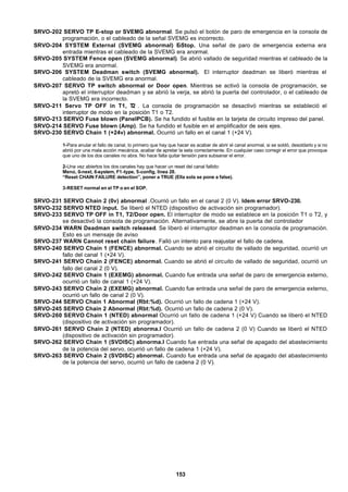 153
SRVO-202 SERVO TP E-stop or SVEMG abnormal. Se pulsó el botón de paro de emergencia en la consola de
programación, o el cableado de la señal SVEMG es incorrecto.
SRVO-204 SYSTEM External (SVEMG abnormal) E-Stop. Una señal de paro de emergencia externa era
entrada mientras el cableado de la SVEMG era anormal.
SRVO-205 SYSTEM Fence open (SVEMG abnormal). Se abrió vallado de seguridad mientras el cableado de la
SVEMG era anormal.
SRVO-206 SYSTEM Deadman switch (SVEMG abnormal). El interruptor deadman se liberó mientras el
cableado de la SVEMG era anormal.
SRVO-207 SERVO TP switch abnormal or Door open. Mientras se activó la consola de programación, se
apretó el interruptor deadman y se abrió la verja, se abrió la puerta del controlador, o el cableado de
la SVEMG era incorrecto.
SRVO-211 Servo TP OFF in T1, T2 . La consola de programación se desactivó mientras se estableció el
interruptor de modo en la posición T1 o T2.
SRVO-213 SERVO Fuse blown (PanelPCB). Se ha fundido el fusible en la tarjeta de circuito impreso del panel.
SRVO-214 SERVO Fuse blown (Amp). Se ha fundido el fusible en el amplificador de seis ejes.
SRVO-230 SERVO Chain 1 (+24v) abnormal. Ocurrió un fallo en el canal 1 (+24 V).
1-Para anular el fallo de canal, lo primero que hay que hacer es acabar de abrir el canal anormal, si se soldó, desoldarlo y si no
abrió por una mala acción mecánica, acabar de apretar la seta correctamente. En cualquier caso corregir el error que provoque
que uno de los dos canales no abra. No hace falta quitar tensión para subsanar el error.
2-Una vez abiertos los dos canales hay que hacer un reset del canal fallido:
Menú, 0-next, 6-system, F1-type, 5-config, línea 28.
“Reset CHAIN FAILURE detection”, poner a TRUE (Ella sola se pone a false).
3-RESET normal en el TP o en el SOP.
SRVO-231 SERVO Chain 2 (0v) abnormal .Ocurrió un fallo en el canal 2 (0 V). Idem error SRVO-230.
SRVO-232 SERVO NTED input. Se liberó el NTED (dispositivo de activación sin programador).
SRVO-233 SERVO TP OFF in T1, T2/Door open. El interruptor de modo se establece en la posición T1 o T2, y
se desactivó la consola de programación. Alternativamente, se abre la puerta del controlador
SRVO-234 WARN Deadman switch released. Se liberó el interruptor deadman en la consola de programación.
Esto es un mensaje de aviso
SRVO-237 WARN Cannot reset chain failure. Falló un intento para reajustar el fallo de cadena.
SRVO-240 SERVO Chain 1 (FENCE) abnormal. Cuando se abrió el circuito de vallado de seguridad, ocurrió un
fallo del canal 1 (+24 V).
SRVO-241 SERVO Chain 2 (FENCE) abnormal. Cuando se abrió el circuito de vallado de seguridad, ocurrió un
fallo del canal 2 (0 V).
SRVO-242 SERVO Chain 1 (EXEMG) abnormal. Cuando fue entrada una señal de paro de emergencia externo,
ocurrió un fallo de canal 1 (+24 V).
SRVO-243 SERVO Chain 2 (EXEMG) abnormal. Cuando fue entrada una señal de paro de emergencia externo,
ocurrió un fallo de canal 2 (0 V).
SRVO-244 SERVO Chain 1 Abnormal (Rbt:%d). Ocurrió un fallo de cadena 1 (+24 V).
SRVO-245 SERVO Chain 2 Abnormal (Rbt:%d). Ocurrió un fallo de cadena 2 (0 V).
SRVO-260 SERVO Chain 1 (NTED) abnormal Ocurrió un fallo de cadena 1 (+24 V) Cuando se liberó el NTED
(dispositivo de activación sin programador).
SRVO-261 SERVO Chain 2 (NTED) abnorma.l Ocurrió un fallo de cadena 2 (0 V) Cuando se liberó el NTED
(dispositivo de activación sin programador).
SRVO-262 SERVO Chain 1 (SVDISC) abnorma.l Cuando fue entrada una señal de apagado del abastecimiento
de la potencia del servo, ocurrió un fallo de cadena 1 (+24 V).
SRVO-263 SERVO Chain 2 (SVDISC) abnormal. Cuando fue entrada una señal de apagado del abastecimiento
de la potencia del servo, ocurrió un fallo de cadena 2 (0 V).
 