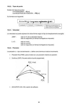 45
10.2.2. Tipos de punto
Existen dos tipos de puntos:
Las POSICIONES → P[ n ]
Los REGISTROS DE POSICION → PR[ n ]
Su formato es el siguiente:
P[ n ] ou PR[ n ] = [ x, y, z, w, p, r, configuration, UT, UF ]
Localización Orientación Configuración Referencia a la herramienta (UT)
y Ref. Usuario (UF) respecto a los
cuales el punto se ha grabado.
10.2.3. Velocidad
La velocidad se puede expresar de varias formas según el tipo de desplazamiento escogido:
JOINT : valor en % de la velocidad máxima
valor en segundos (un tiempo de llegada es impuesto)
L o C : valor en mm/s
valor en cm/min
valor en segundos (un tiempo de llegada es impuesto)
10.2.4. Precisión
La precisión o « tipo de terminación », define como termina el robot el movimiento.
• Precisión fina (FINE): para al robot con una precisión máxima en posición
• Continuo (CNT): No para sobre el punto programado
• ACCUPATH (CD, CS): opción de software.
 
