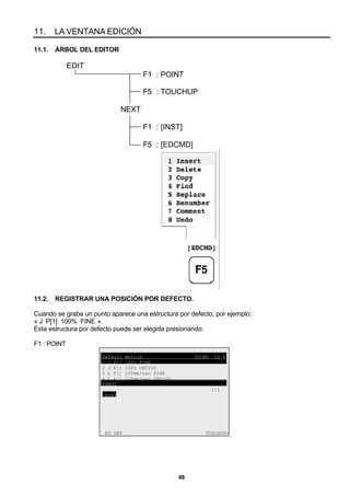 48
11. LA VENTANA EDICIÓN
11.1. ÁRBOL DEL EDITOR
EDIT
F1 : POINT
F5 : TOUCHUP
NEXT
F1 : [INST]
F5 : [EDCMD]
11.2. REGISTRAR UNA POSICIÓN POR DEFECTO.
Cuando se graba un punto aparece una estructura por defecto; por ejemplo:
« J P[1] 100% FINE ».
Esta estructura por defecto puede ser elegida presionando:
F1 : POINT
Default Motion JOINT 10 %
1 J P[] 100% FINE
2 J P[] 100% CNT100
3 L P[] 100mm/sec FINE
4 L P[] 100mm/sec CNT100
FANUC
1/1
[End]
ED_DEF TOUCHUP>
 
