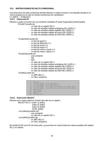 75
15.5. INSTRUCCIONES DE SALTO CONDICIONAL
Una instrucción de salto condicional permite efectuar un salto (o bucle) a una etiqueta situada en el
mismo programa si (y sólo si) ciertas condiciones son verdaderas.
F1: [INST] → IF/SELECT.
15.5.1. Instrucción IF
Efectúa un salto en función de una condición verdadera IF [valor1] [operador] [valor2] [salto]
El [valor1] puede ser:
- un valor de un registro R[ n ]
- un valor de entradas-salidas analógicas AI[ n ]/AO[ n ]
- un valor de entradas-salidas digitales DI[ n ]/DO[ n ]
- un valor de entradas-salidas de grupo GI[ n ]/GO[ n ]
- un valor de entradas-salidas de robot RI[ n ]/RO[ n ]
El [operador] puede ser:
- un test de igual (=)
- un test de diferente (<>)
- un test de menor (<)
- un test de mayor (>)
- un test de menor o igual (<=)
- un test de mayor o igual (=>)
El [valor2] puede ser:
- una constante
- ON
- OFF
- un valor de un registro R[ n ]
- un valor de entradas-salidas analógicas AI[ n ]/AO[ n ]
- un valor de entradas-salidas digitales DI[ n ]/DO[ n ]
- un valor de entradas-salidas de grupo GI[ n ]/GO[ n ]
- un valor de entradas-salidas de robot RI[ n ]/RO[ n ]
El [salto] puede ser:
- un JMP LBL[ n ]
- un CALL programa
5: LBL[10] ;
6: IF R[10:CAPAS L1]=1,JMP LBL[1] ;
7: IF R[10:CAPAS L1]=2,JMP LBL[2] ;
8: IF R[10:CAPAS L1]=3 AND R[11:CICLOS L1]<9,JMP LBL[3] ;
9: IF R[10:CAPAS L1]=3 AND R[11:CICLOS L1]>8,JMP LBL[4] ;
10: JMP LBL[4] ;
11: CALL ERROR ;
12: PAUSE ;
13: JMP LBL[10] ;
15.5.2. Instrucción SELECT
Efectúa uno o varios saltos en función del valor de un registro.
SELECT R[ n ] = [valor 1], [salto]
[valor 2], [salto]
[valor n], [salto]
ELSE, [salto]
Los [valores] pueden ser:
- una constante
- un valor de un registro R[ n ]
Los [saltos] pueden ser:
- un JMP LBL[ n ]
- un CALL programa
No olvidar ELSE como fin de instrucción, ya que tiene en cuenta todos los valores posibles del registro
R[ n ] no citados.
 