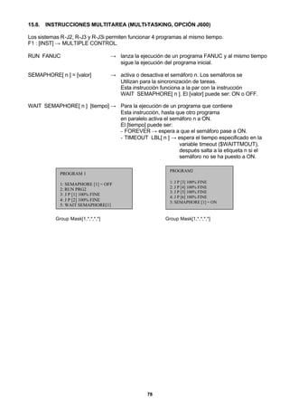 78
15.8. INSTRUCCIONES MULTITAREA (MULTI-TASKING, OPCIÓN J600)
Los sistemas R-J2, R-J3 y R-J3i permiten funcionar 4 programas al mismo tiempo.
F1 : [INST] → MULTIPLE CONTROL.
RUN FANUC → lanza la ejecución de un programa FANUC y al mismo tiempo
sigue la ejecución del programa inicial.
SEMAPHORE[ n ] = [valor] → activa o desactiva el semáforo n. Los semáforos se
Utilizan para la sincronización de tareas.
Esta instrucción funciona a la par con la instrucción
WAIT SEMAPHORE[ n ]. El [valor] puede ser: ON o OFF.
WAIT SEMAPHORE[ n ] [tiempo] → Para la ejecución de un programa que contiene
Esta instrucción, hasta que otro programa
en paralelo activa el semáforo n a ON.
El [tiempo] puede ser:
- FOREVER → espera a que el semáforo pase a ON.
- TIMEOUT LBL[ n ] → espera el tiempo especificado en la
variable timeout ($WAITTMOUT),
después salta a la etiqueta n si el
semáforo no se ha puesto a ON.
PROGRAM 1
1: SEMAPHORE [1] = OFF
2: RUN PRG2
3: J P [1] 100% FINE
4: J P [2] 100% FINE
5: WAIT SEMAPHORE[1]
PROGRAM2
1: J P [3] 100% FINE
2: J P [4] 100% FINE
3: J P [5] 100% FINE
4: J P [6] 100% FINE
5: SEMAPHORE [1] = ON
Group Mask[1,*,*,*,*] Group Mask[1,*,*,*,*]
 
