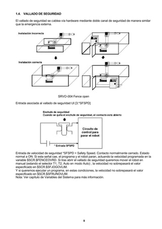 8
1.4. VALLADO DE SEGURIDAD
El vallado de seguridad se cablea vía hardware mediante doble canal de seguridad de manera similar
que la emergencia externa.
SRVO-004 Fence open
Entrada asociada al vallado de seguridad UI [3:*SFSPD]
Entrada de velocidad de seguridad *SFSPD = Safety Speed. Contacto normalmente cerrado. Estado
normal a ON. Si esta señal cae, el programa y el robot paran, actuando la velocidad programada en la
variable $SCR.$FENCEOVRD. Si tras abrir el vallado de seguridad queremos mover el robot en
manual (estando el selector T1, T2, Auto en modo Auto) , la velocidad no sobrepasará el valor
especificado en $SCR.$SFJOGOVLIM.
Y si queremos ejecutar un programa, en estas condiciones, la velocidad no sobrepasará el valor
especificado en $SCR.$SFRUNOVLIM.
Nota: Ver capítulo de Variables del Sistema para más información.
 