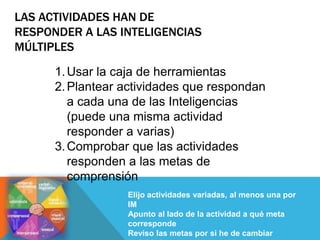 LAS ACTIVIDADES HAN DE
RESPONDER A LAS INTELIGENCIAS
MÚLTIPLES

      1. Usar la caja de herramientas
      2. Plantear actividades que respondan
         a cada una de las Inteligencias
         (puede una misma actividad
         responder a varias)
      3. Comprobar que las actividades
         responden a las metas de
         comprensión
                  Elijo actividades variadas, al menos una por
                  IM
                  Apunto al lado de la actividad a qué meta
                  corresponde
                  Reviso las metas por si he de cambiar
 