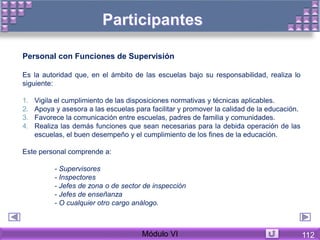Personal con Funciones de Supervisión
Es la autoridad que, en el ámbito de las escuelas bajo su responsabilidad, realiza lo
siguiente:
1. Vigila el cumplimiento de las disposiciones normativas y técnicas aplicables.
2. Apoya y asesora a las escuelas para facilitar y promover la calidad de la educación.
3. Favorece la comunicación entre escuelas, padres de familia y comunidades.
4. Realiza las demás funciones que sean necesarias para la debida operación de las
escuelas, el buen desempeño y el cumplimiento de los fines de la educación.
Este personal comprende a:
- Supervisores
- Inspectores
- Jefes de zona o de sector de inspección
- Jefes de enseñanza
- O cualquier otro cargo análogo.
Módulo VI 112
 