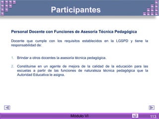 Personal Docente con Funciones de Asesoría Técnica Pedagógica
Docente que cumple con los requisitos establecidos en la LGSPD y tiene la
responsabilidad de:
1. Brindar a otros docentes la asesoría técnica pedagógica.
2. Constituirse en un agente de mejora de la calidad de la educación para las
escuelas a partir de las funciones de naturaleza técnica pedagógica que la
Autoridad Educativa le asigna.
Módulo VI 113
 