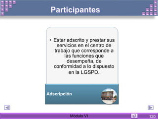 Módulo VI
• Estar adscrito y prestar sus
servicios en el centro de
trabajo que corresponde a
las funciones que
desempeña, de
conformidad a lo dispuesto
en la LGSPD.
Adscripción
120
 