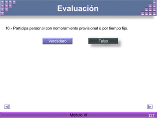 10.- Participa personal con nombramiento provisional o por tiempo fijo.
Verdadero Falso
Módulo VI 127
 