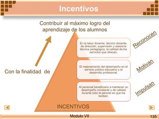 Incentivos
Modulo VII
En la labor docente, técnico docente,
de dirección, supervisión y asesoría
técnica pedagógica, la calidad de los
servicios que ofrecen.
El mejoramiento del desempeño en el
servicio público educativo y el
desarrollo profesional.
Al personal beneficiario a mantener un
desempeño constante y de calidad
durante todo el periodo en que los
reciben.
Con la finalidad de
Contribuir al máximo logro del
aprendizaje de los alumnos
INCENTIVOS
135
 