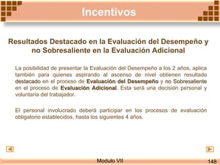 Modulo VII
Incentivos
Resultados Destacado en la Evaluación del Desempeño y
no Sobresaliente en la Evaluación Adicional
La posibilidad de presentar la Evaluación del Desempeño a los 2 años, aplica
también para quienes aspirando al ascenso de nivel obtienen resultado
destacado en el proceso de Evaluación del Desempeño y no Sobresaliente
en el proceso de Evaluación Adicional. Esta será una decisión personal y
voluntaria del trabajador.
El personal involucrado deberá participar en los procesos de evaluación
obligatorio establecidos, hasta los siguientes 4 años.
148
 