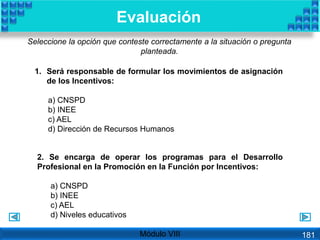 Evaluación
2. Se encarga de operar los programas para el Desarrollo
Profesional en la Promoción en la Función por Incentivos:
a) CNSPD
b) INEE
c) AEL
d) Niveles educativos
Seleccione la opción que conteste correctamente a la situación o pregunta
planteada.
1. Será responsable de formular los movimientos de asignación
de los Incentivos:
a) CNSPD
b) INEE
c) AEL
d) Dirección de Recursos Humanos
Módulo VIII 181
 