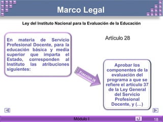 Marco Legal
Ley del Instituto Nacional para la Evaluación de la Educación
Artículo 28En materia de Servicio
Profesional Docente, para la
educación básica y media
superior que imparta el
Estado, corresponden al
Instituto las atribuciones
siguientes:
Aprobar los
componentes de la
evaluación del
programa a que se
refiere el artículo 37
de la Ley General
del Servicio
Profesional
Docente, y (…)
Módulo I 18
 